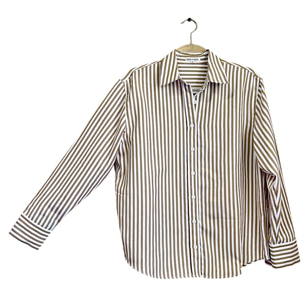 Reformation Small Tan White Striped Button Shirt Deadstock Poly Career Polished